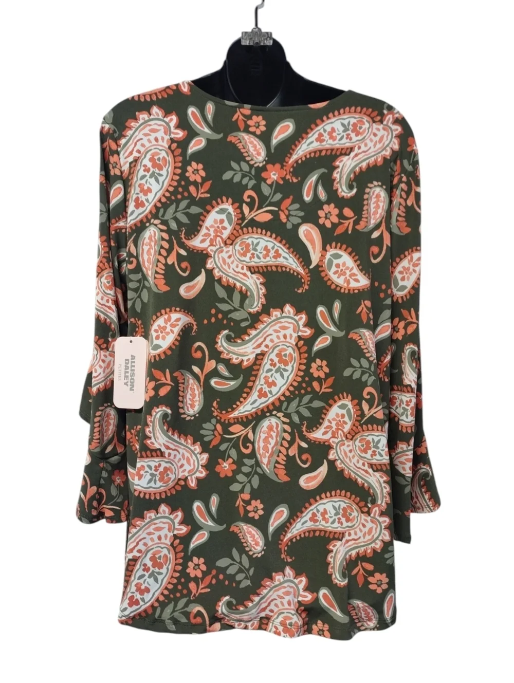NWT Allison Daley Petites PM Green Orange Paisley V-Neck Ruffle Sleeve Blouse - Picture 2 of 8